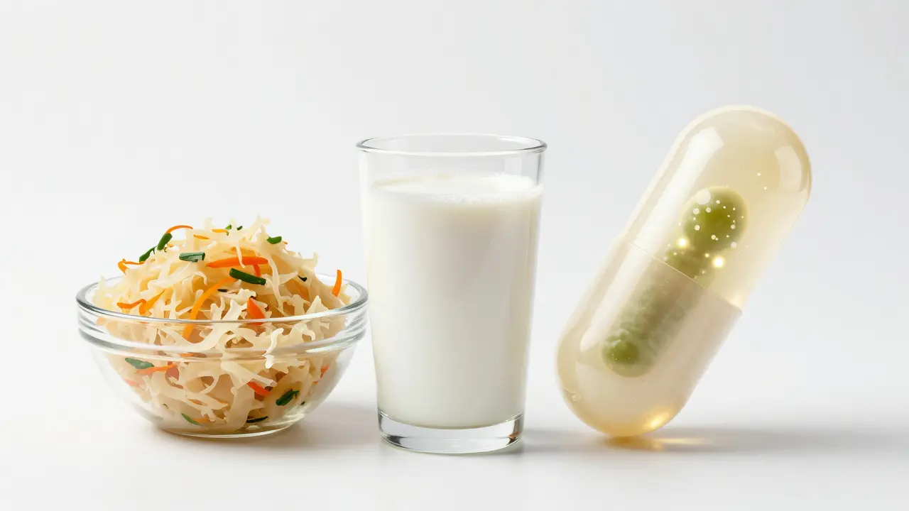 Kefír, kvašená zelenina a moderní probiotická kapsle na bílém pozadí.