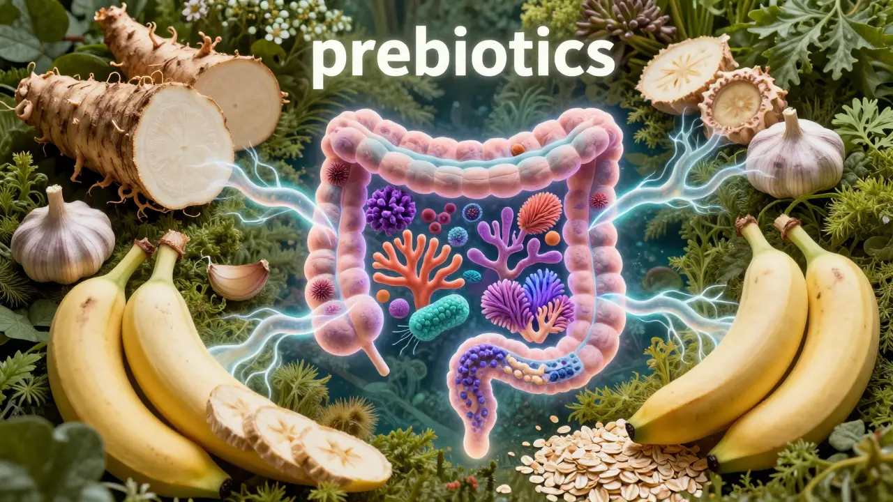 Kombinace prebiotických potravin a zdravého, rozmanitého střevního mikrobiomu.