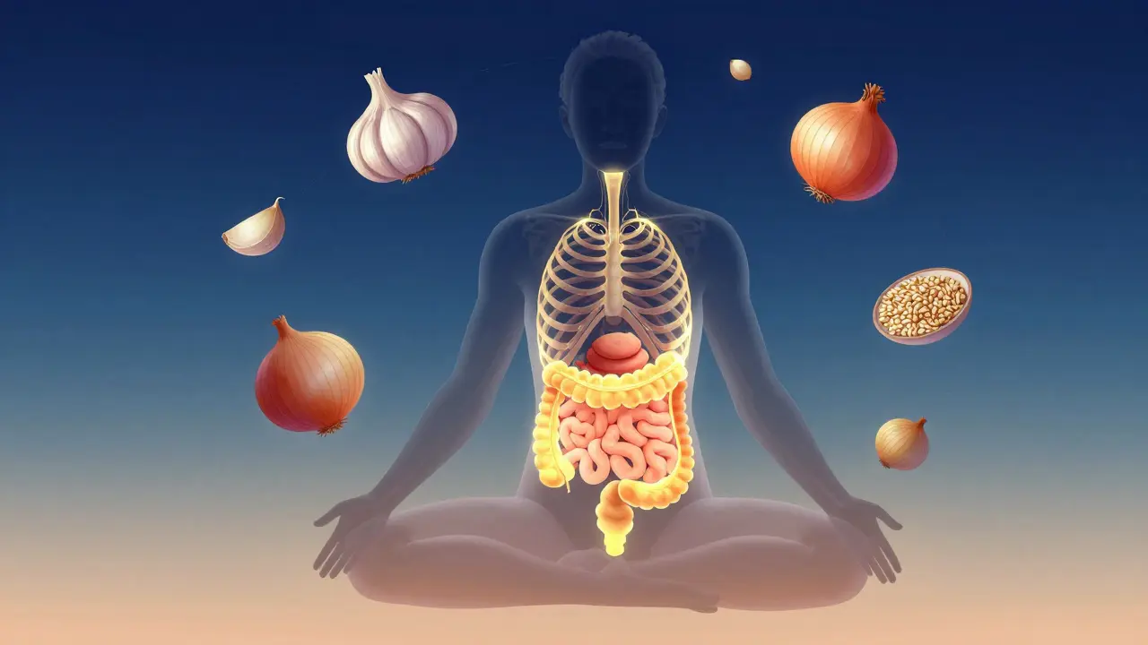 Konceptuální ilustrace propojení střev a mozku s prebiotickými potravinami.