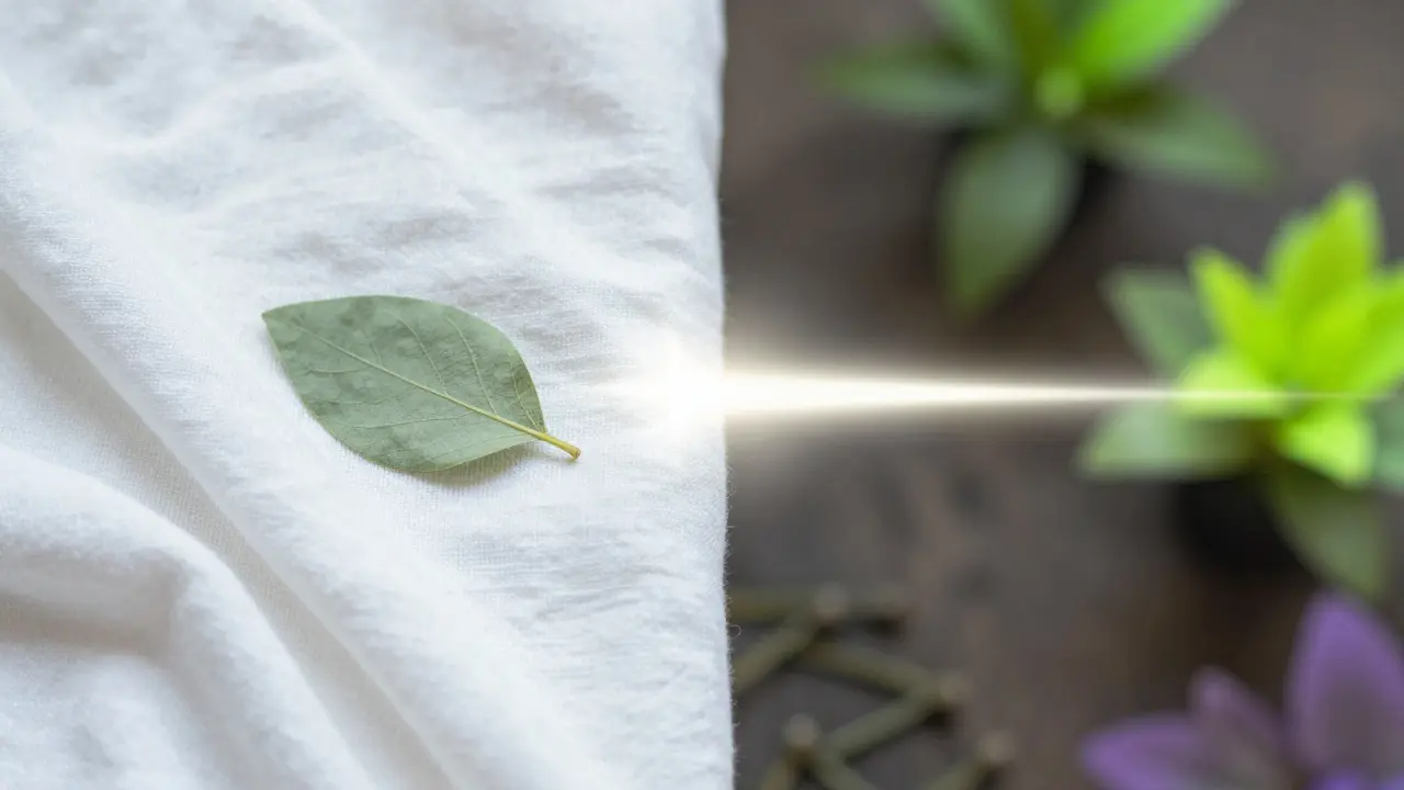 Konceptuální obraz bílé bavlněné látky a listu symbolizující jemnou péči a rovnováhu.