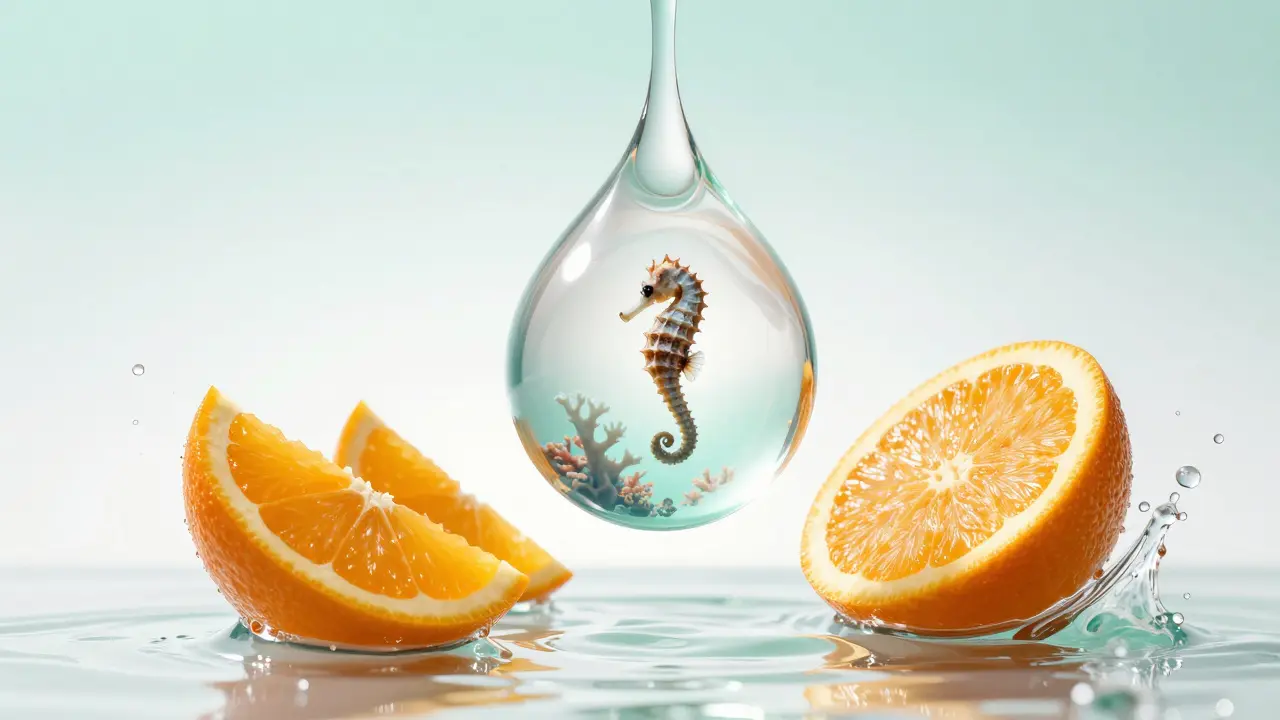 Konceptuální obraz kapky mořského kolagenu s prvky vitamínu C a čisté vody.