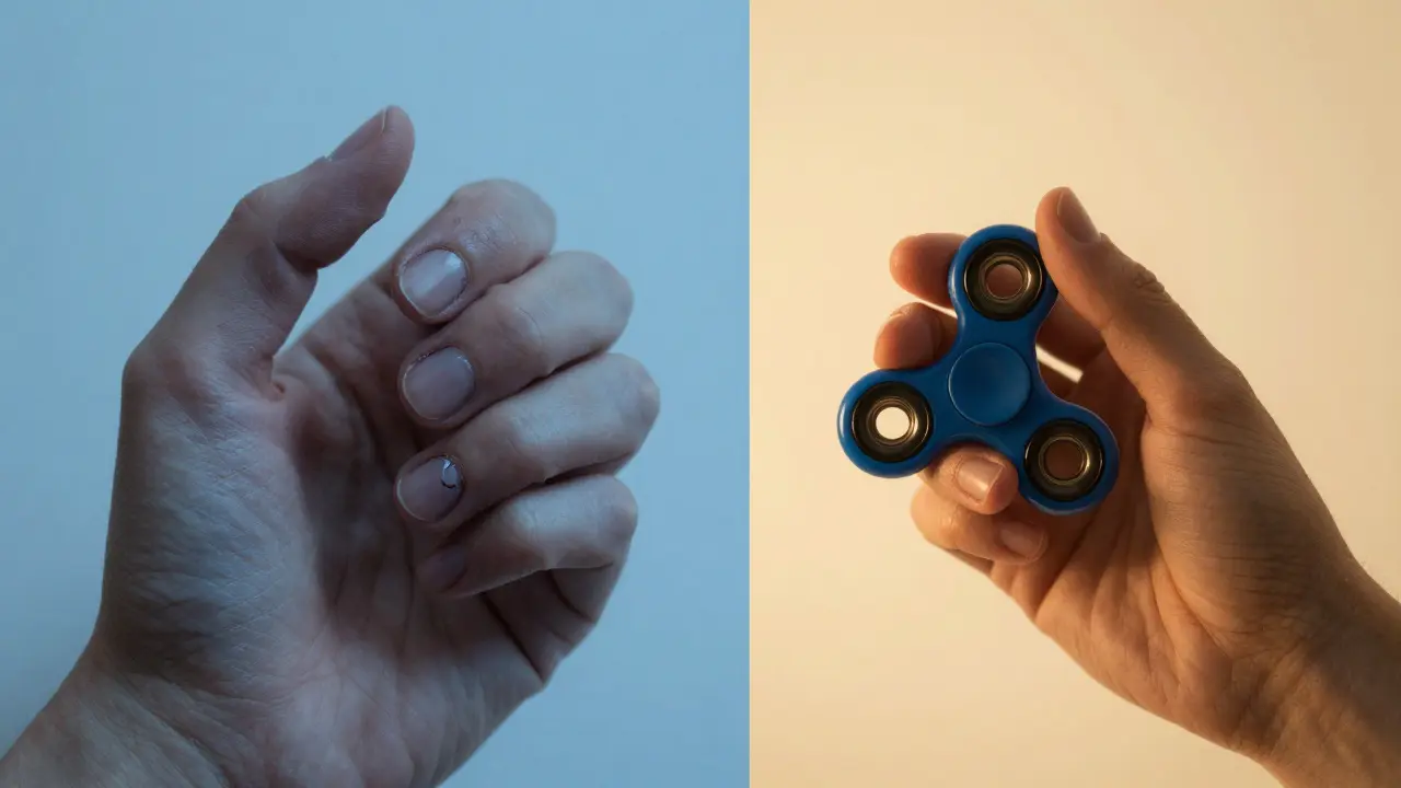 Konceptuální obraz znázornující přechod od kousání nehtů k používání stresového hračky.