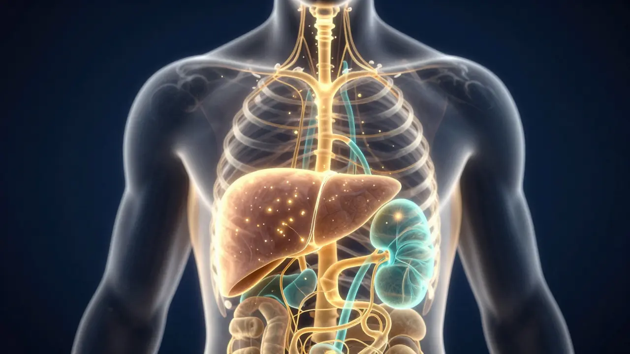 Konceptuální znázornění jater a ledvin jako svítících filtrů v těle.