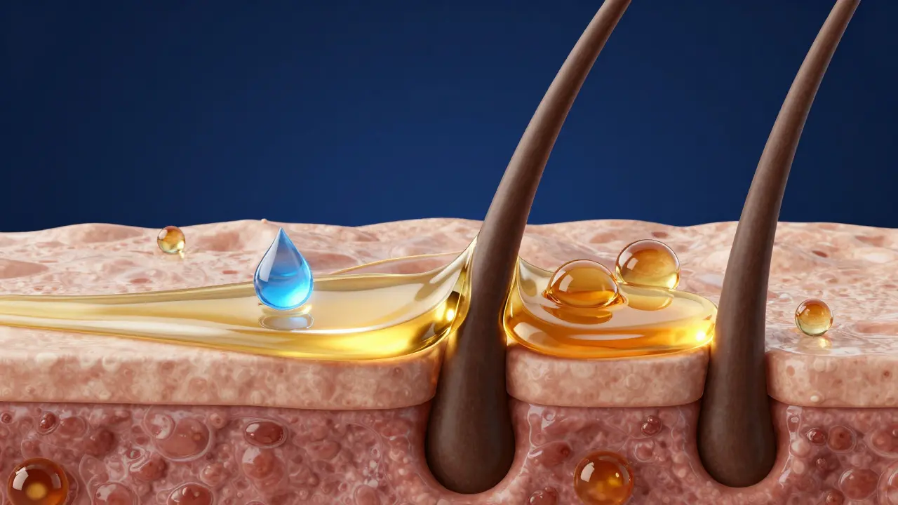 Konceptuální znázornění ochranného lipidového filmu na koříncích vlasů.