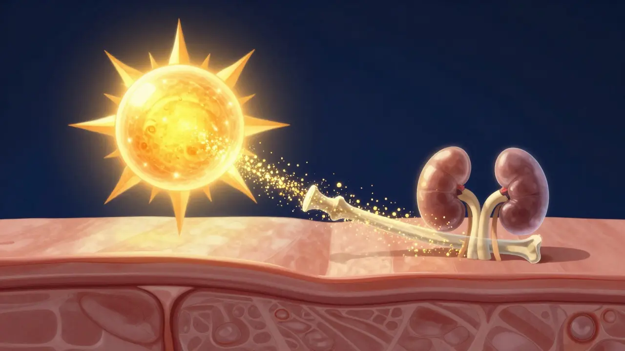 Konceptuální zobrazování vstřebávání slunečního záření a aktivace vitamínu D v těle.