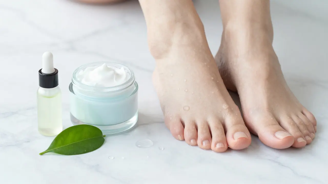Kůže nohou, hydratační krém s močovinou a kapky vody pro symboliku vlhkosti.