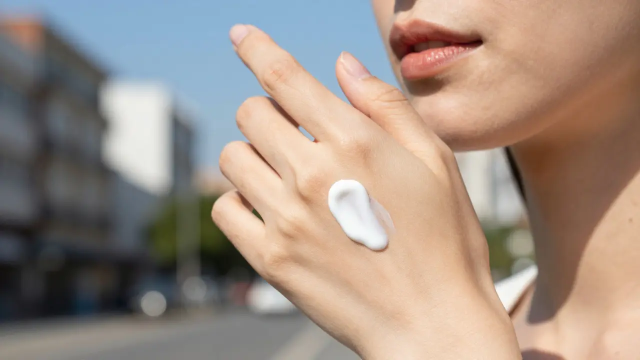 Nanášení ochranného SPF krému na obličej za slunečného dne.