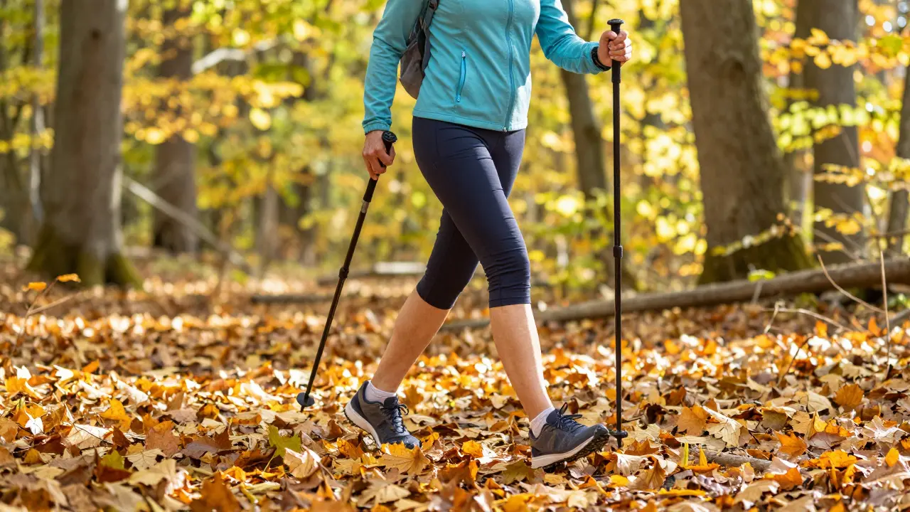 Osoba při nordic walking v podzimním lese, symbolizující volný pohyb.