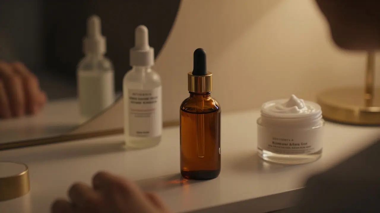Sada kosmetiky s retinolem a hydratačním krémem na stole při večerním osvětlení.