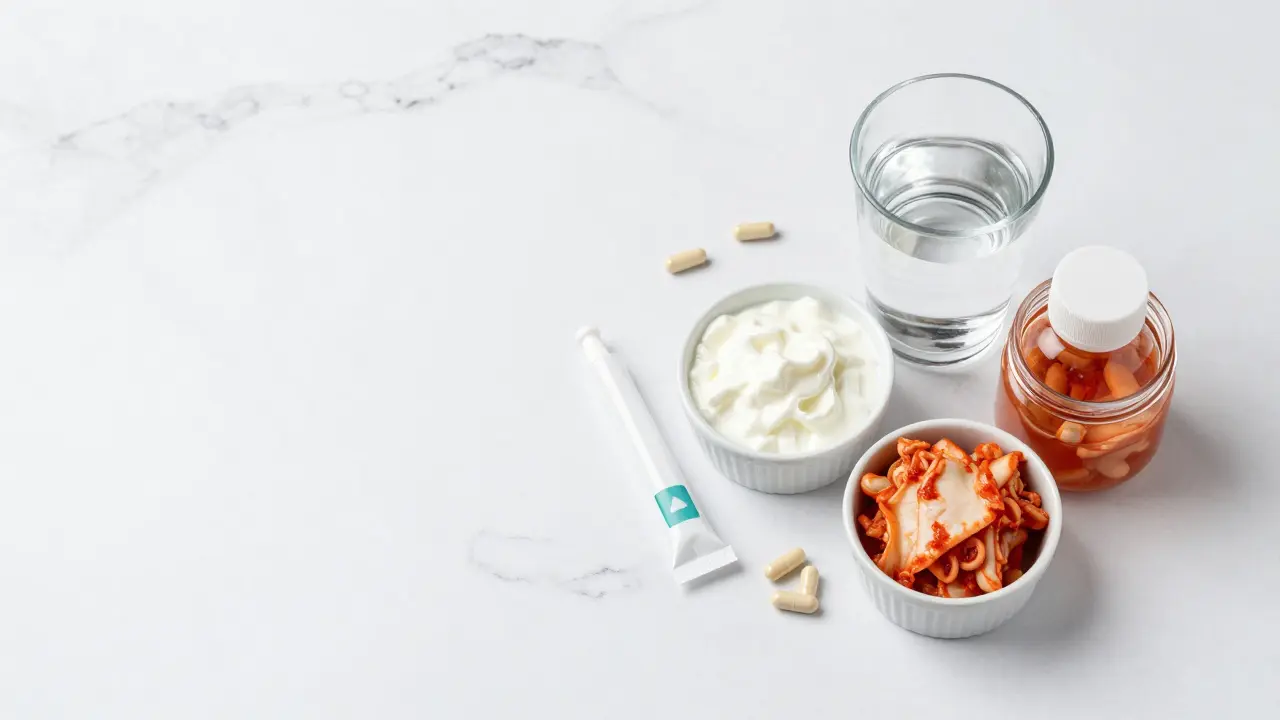 Sada probiotických kapslí, gelů a fermentovaných potravin na bílém mramoru.