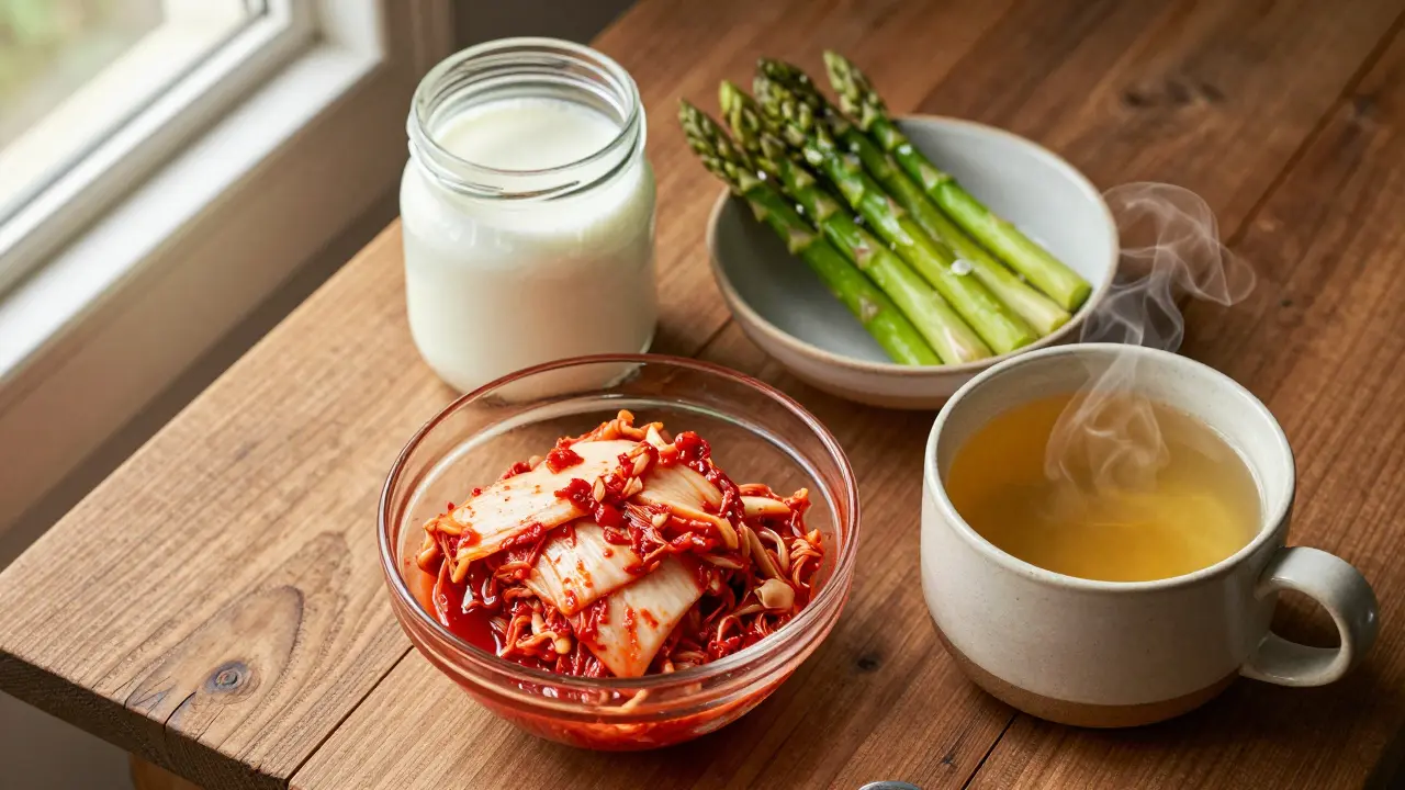 Sada zdravých potravin pro střeva včetně kimchi, kefiru a kostního vývaru na dřevěném stole.