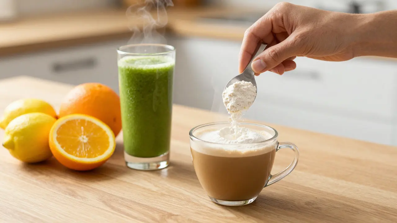 Smísání kolagenového prášku do ranní kávy a smoothie vedle čerstvých citrusů.