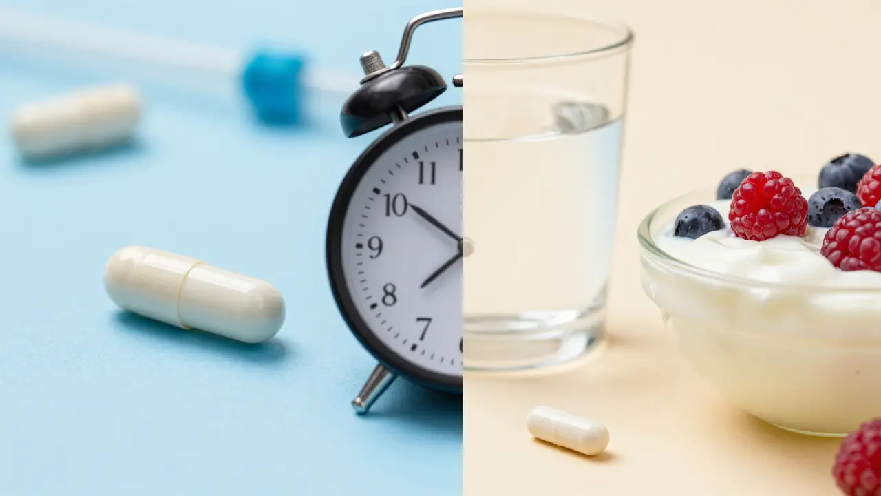 Srovnání antibiotik a probiotik s časovým odstupem pro správné užívání.