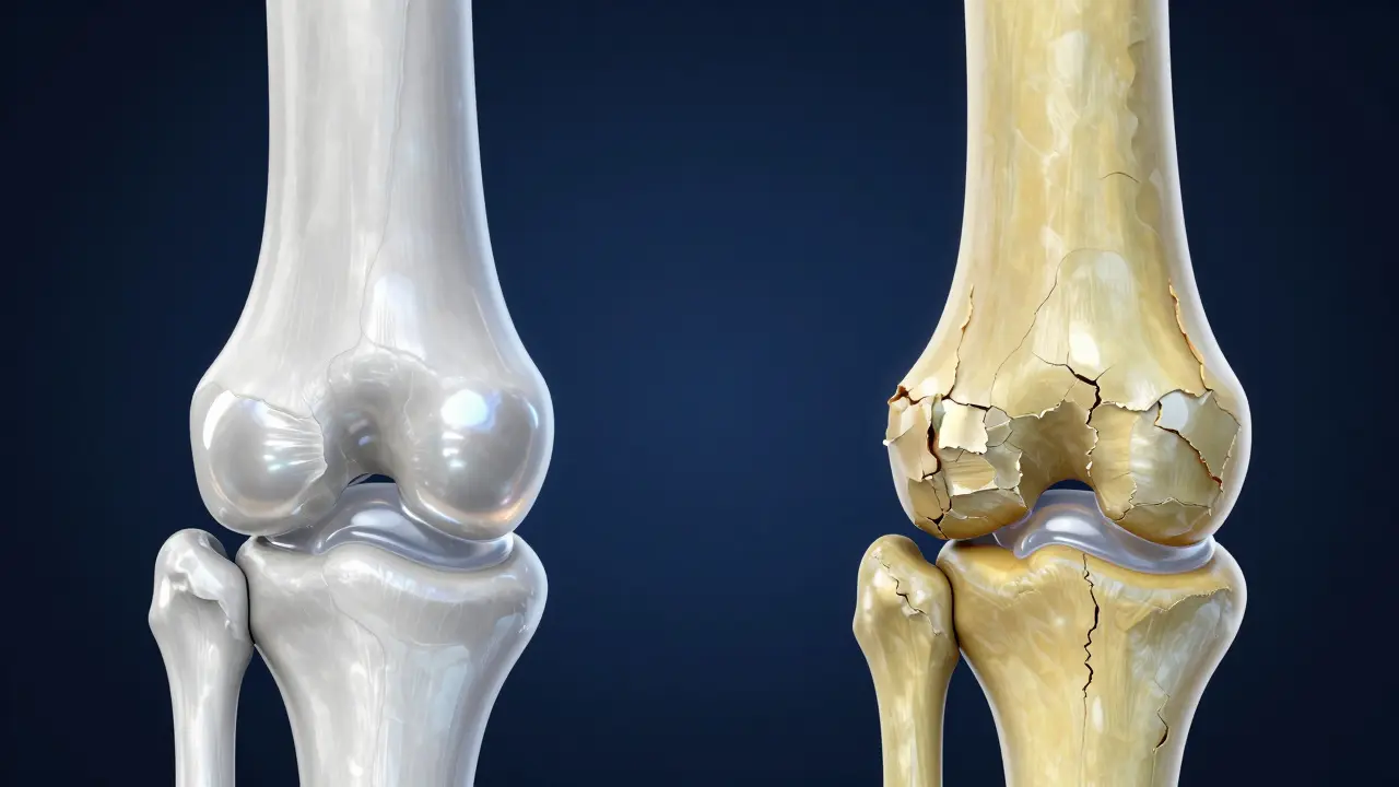 Srovnání hladkého zdravého kloubu a opotřebované chrupavky.