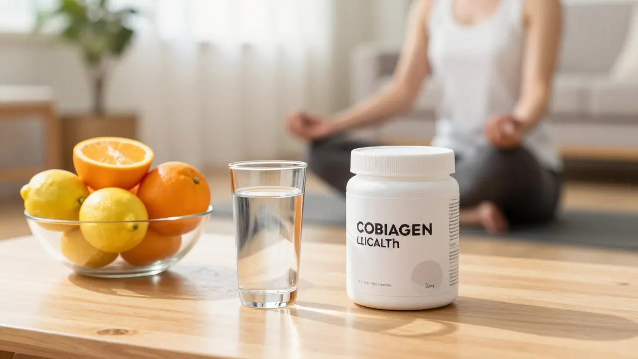 Stolní kompozice kolagenu a vitamínu C s osobou cvičící jógu v pozadí.