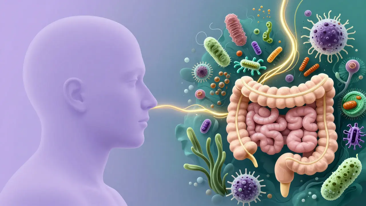 Umělecký obraz spojení mezi mozkem a střevy prostřednictvím bludného nervu.