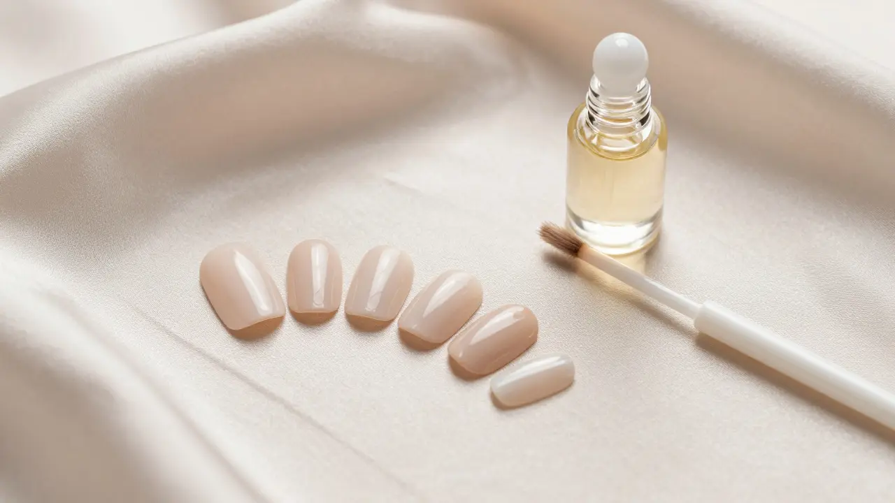 Upravené mandlové nehty na hedvábné látce s produkty pro péči o nehty.