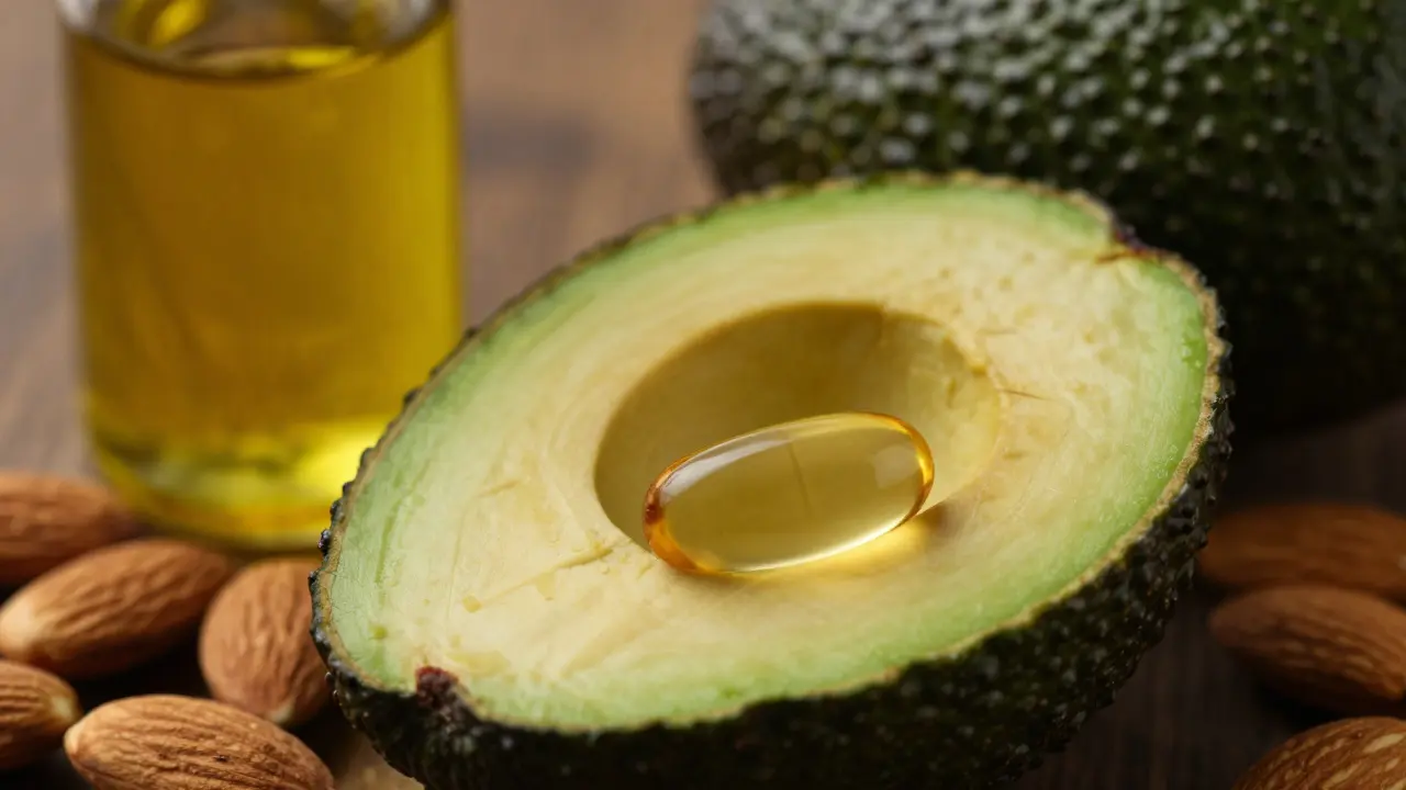 Vitamín D na plátku avokáda s mandlemi a olivovým olejem.