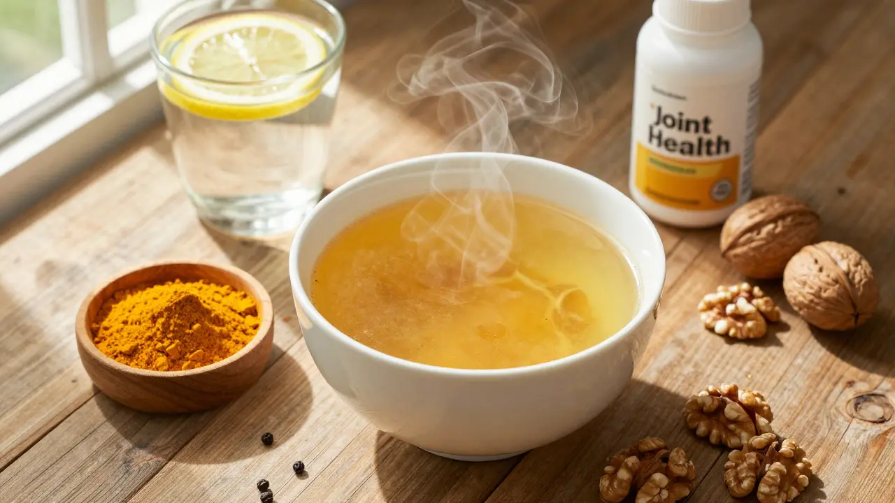 Zdravá jídla pro klouby: kostní vývar, kurkuma, citrón a ořechy.