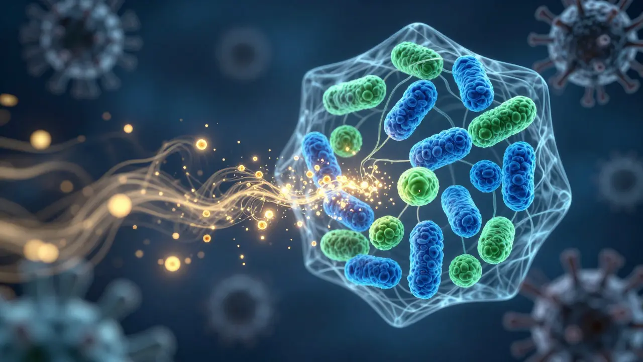 Abstraktní vizualizace probiotik živěných prebiotiky pro obnovu střev