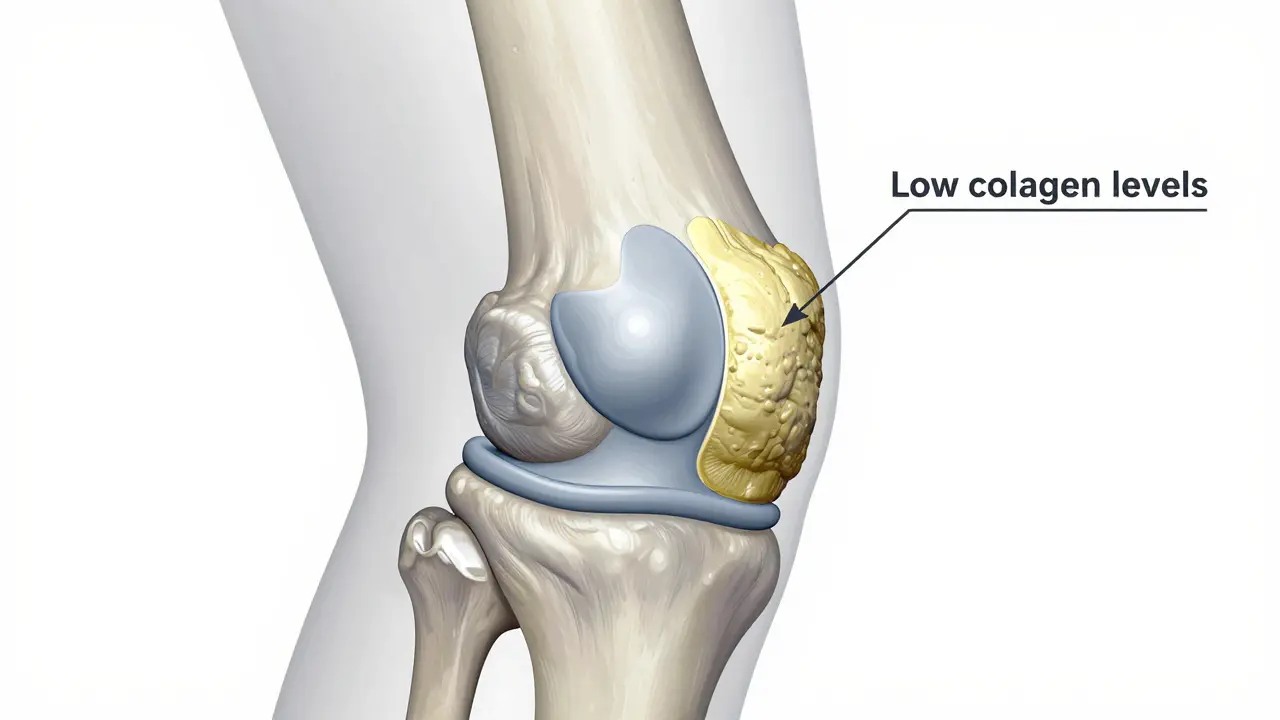 Anatomický pohled na opotřebovaný kloubní chrupavku bez kolagenu