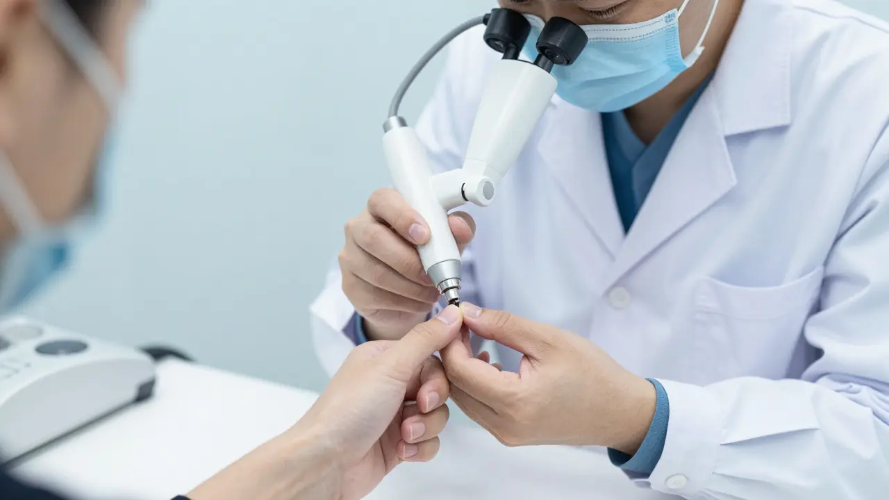 Dermatolog vyšetřuje nehet pomocí dermoskopu