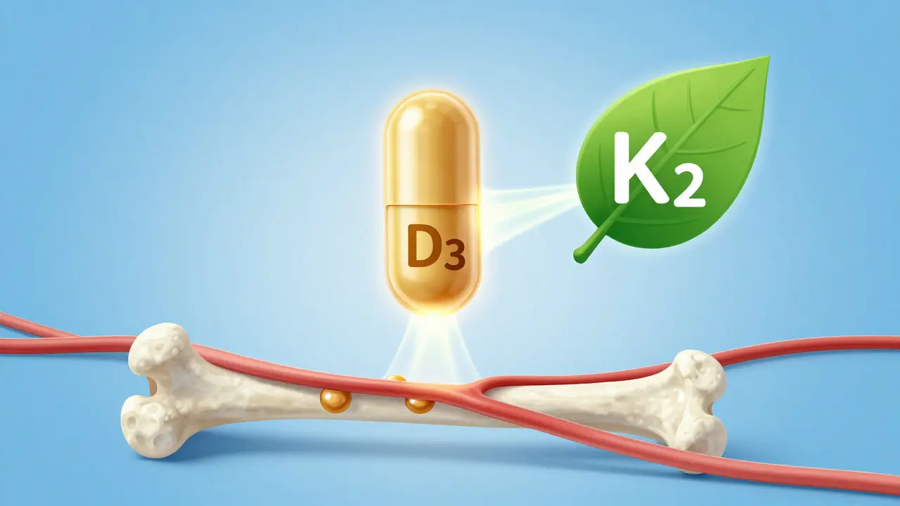 Ilustrace spolupráce vitamínů D3 a K2 při ukládání vápníku do kostí