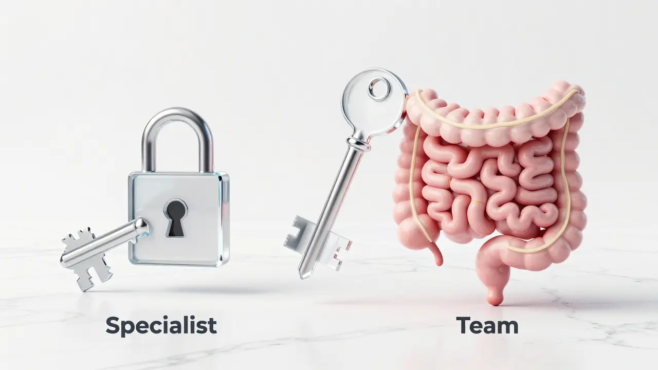 Konceptuální klíče symbolizující specializované versus komplexní podporu střev.