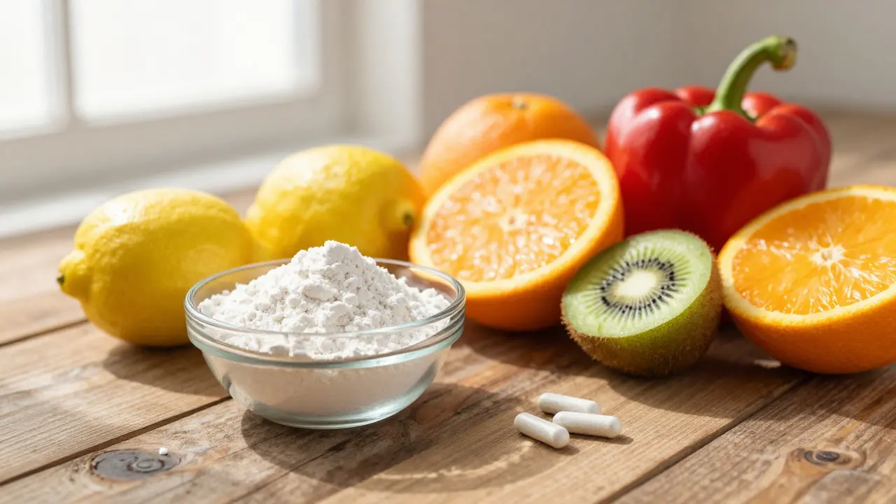 Miska s kolagenem a ovocem bohatým na vitamin C na dřevěném stole