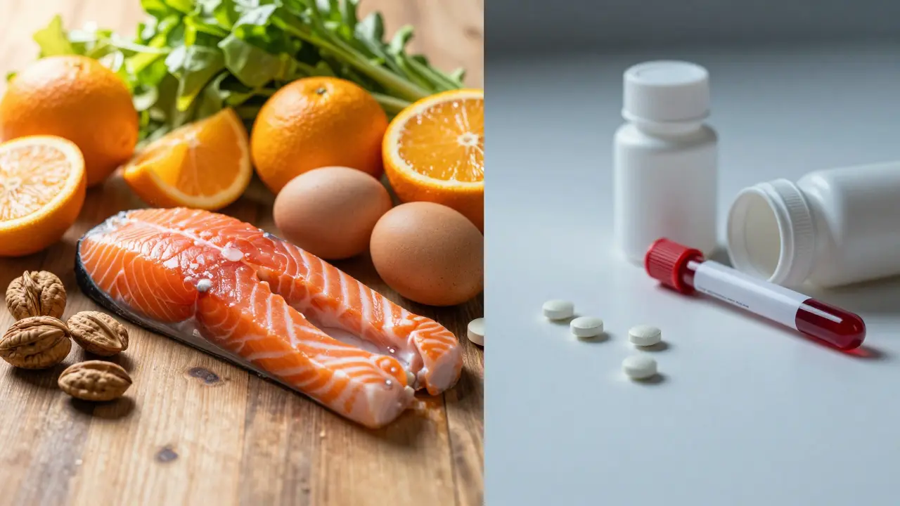 Srovnání čerstvých potravin a lahví s vitamíny
