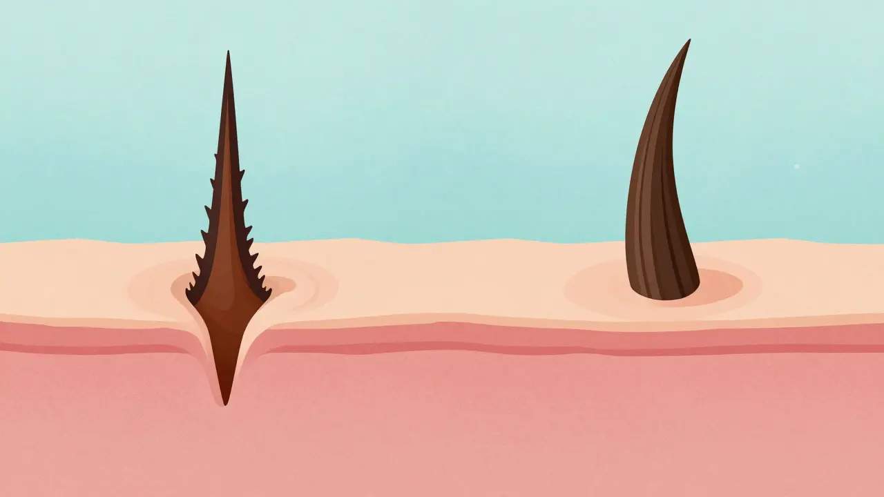 Srovnání vrástajícího chloupku a zdravého růstu