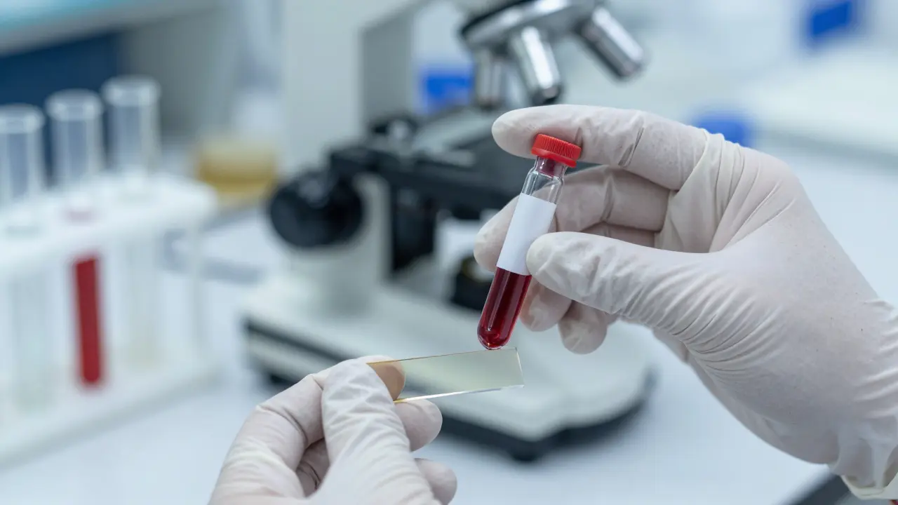 Záběr na krevní vzorek a mikroskop v laboratoři