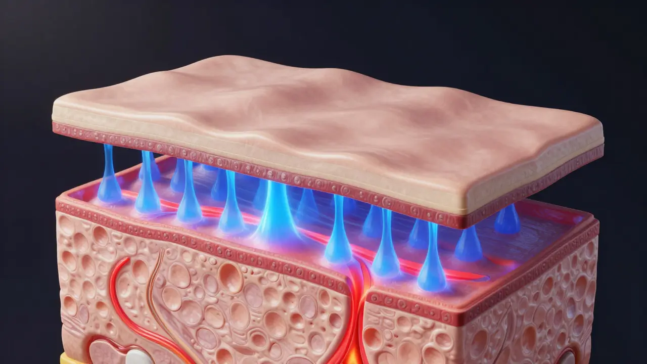3D ilustrace hloubkové stimulace kolagenu v kůži pomocí radiofrekvence.