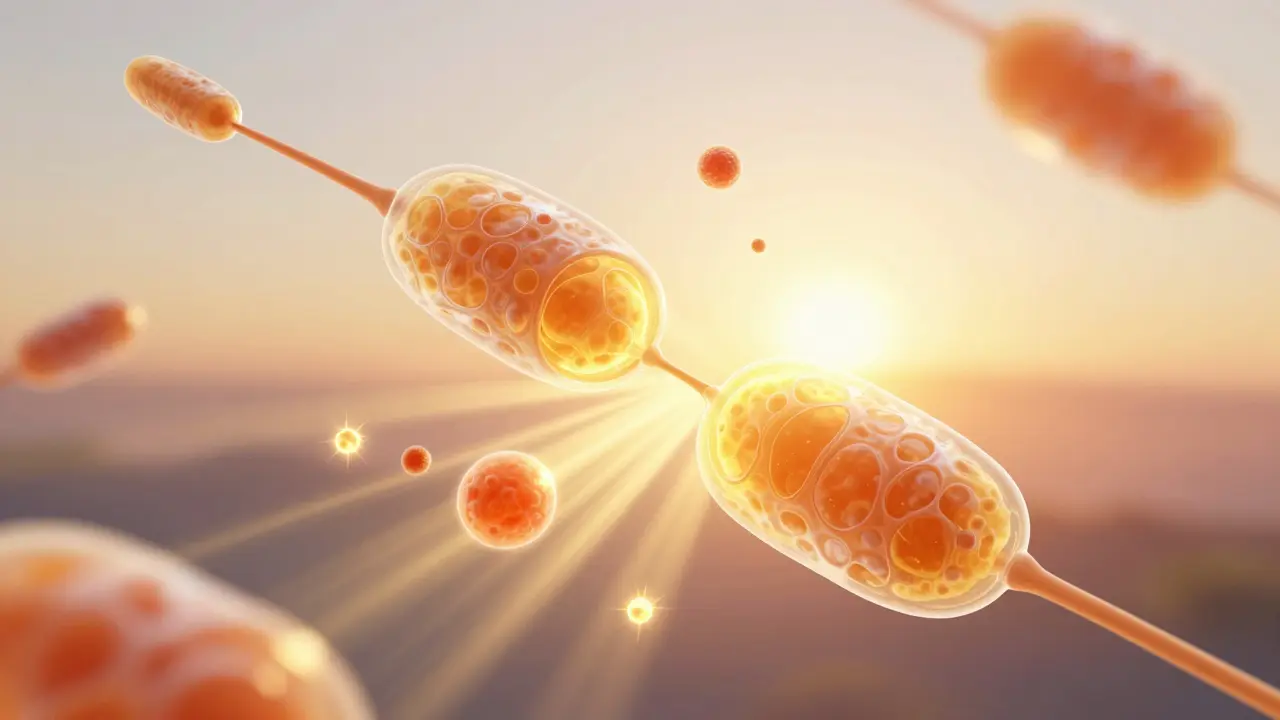 Abstraktní zobrazení buněčné energie a mitochondrií za ranního světla