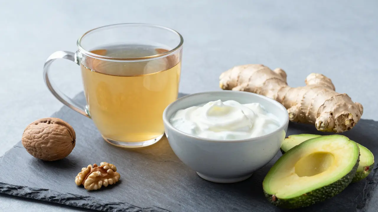 Fermentované nápoje a koření: kombucha, kefír a zázvor na desce