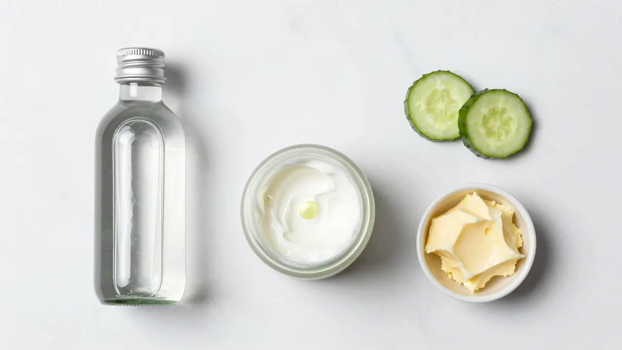 Ingredience pro hydrataci: voda, krém a máslo na mramoru
