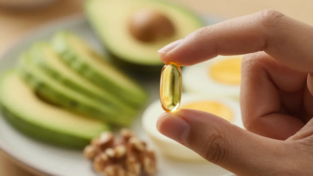 Kaple vitamínu D nad talířem s avokádem a ořechy pro vstřebání