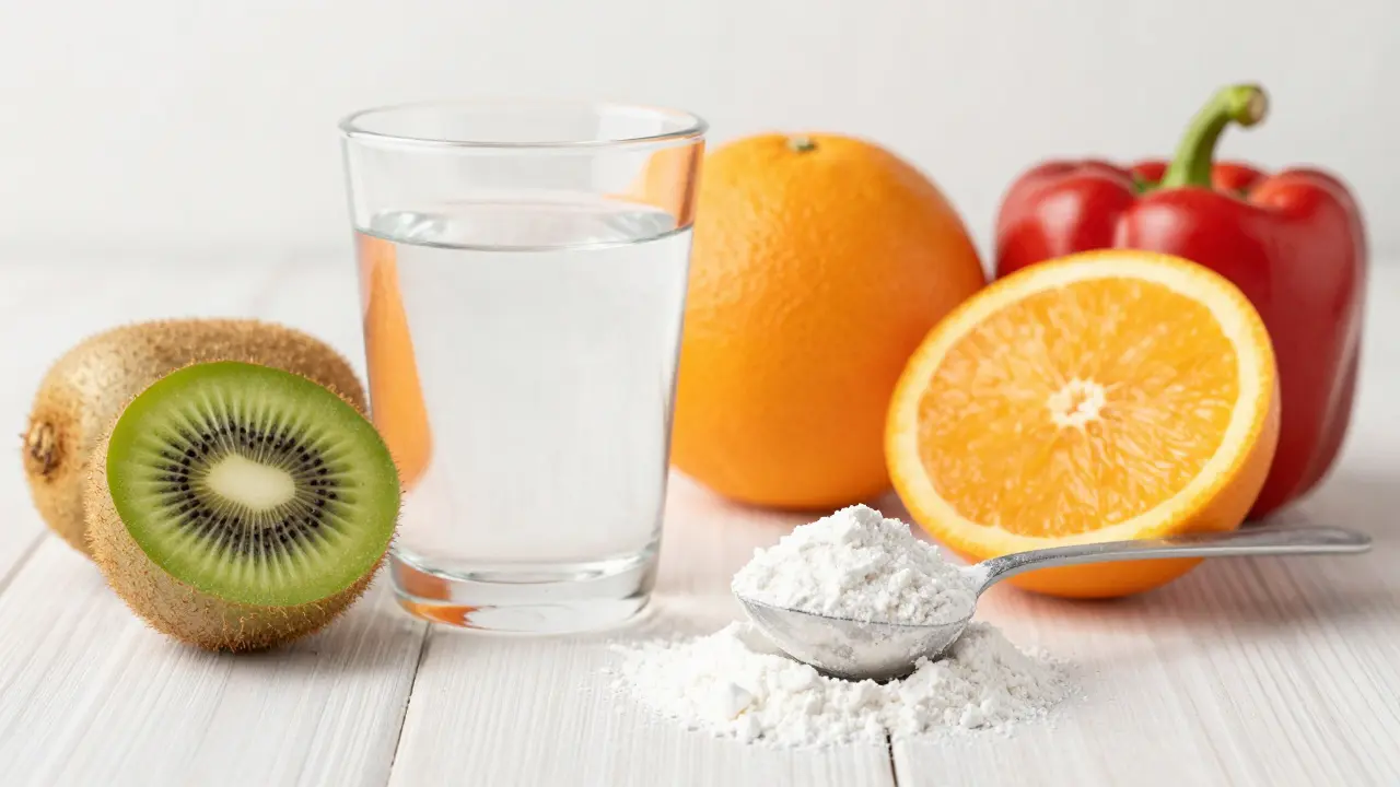 Kolagenový prášek a ovoce bohaté na vitamín C na stole