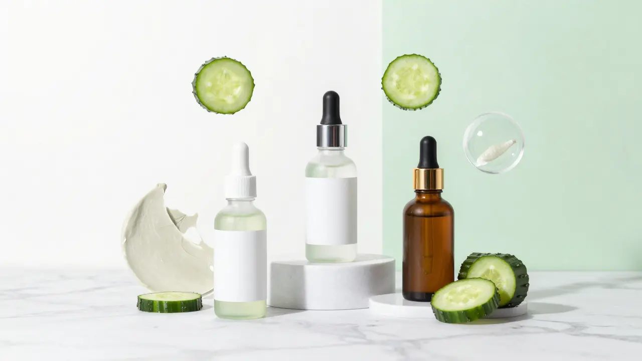 Kosmetické séra s kyselinami a retinolem vedle čerstvých ingrediencí