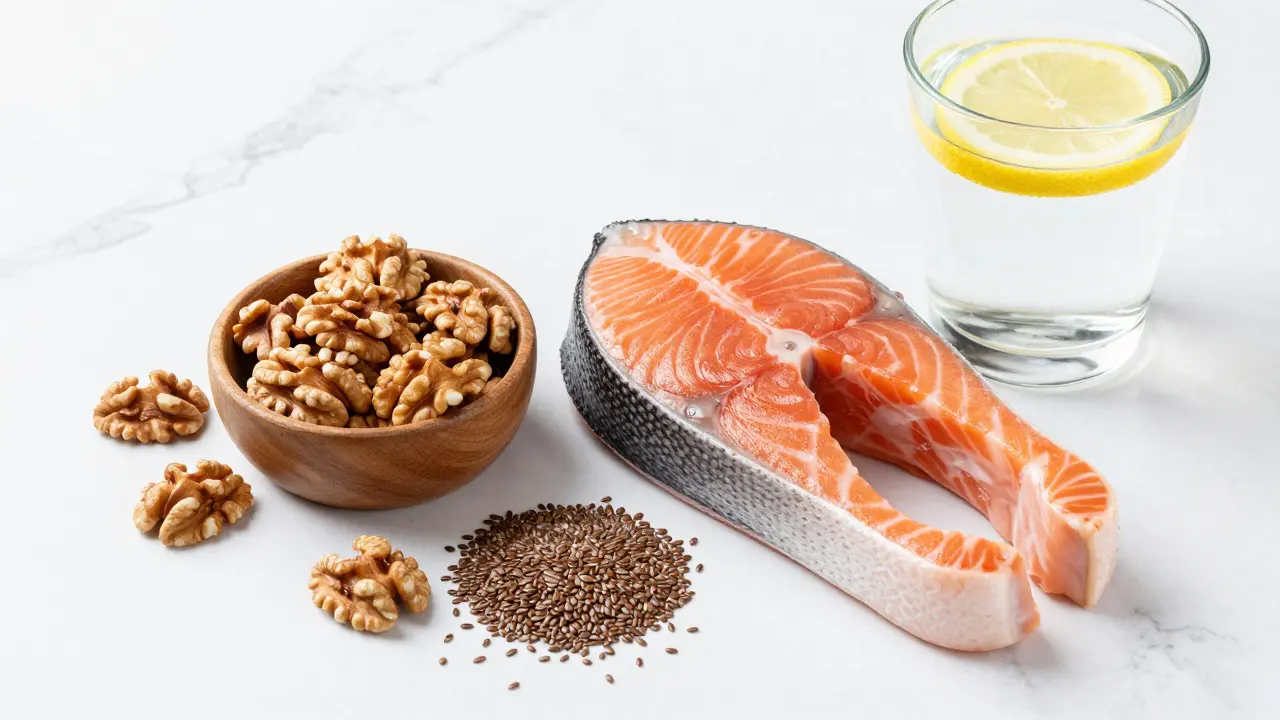 Losos, vlašské ořechy a lněná semínka jako zdroje omega-3
