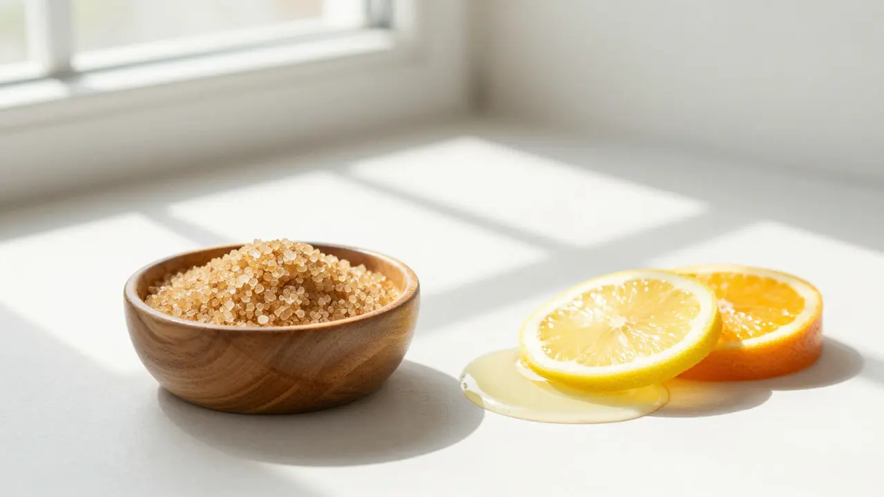Přírodní ingredience pro domácí scrub: cukr, citrusy a kokosový olej v koupelně