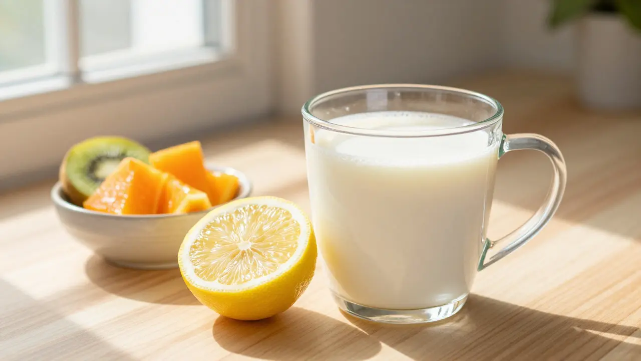Sklenice s nápojem z kolagenu, citron a ovoce bohaté na vitamin C na dřevěném stole