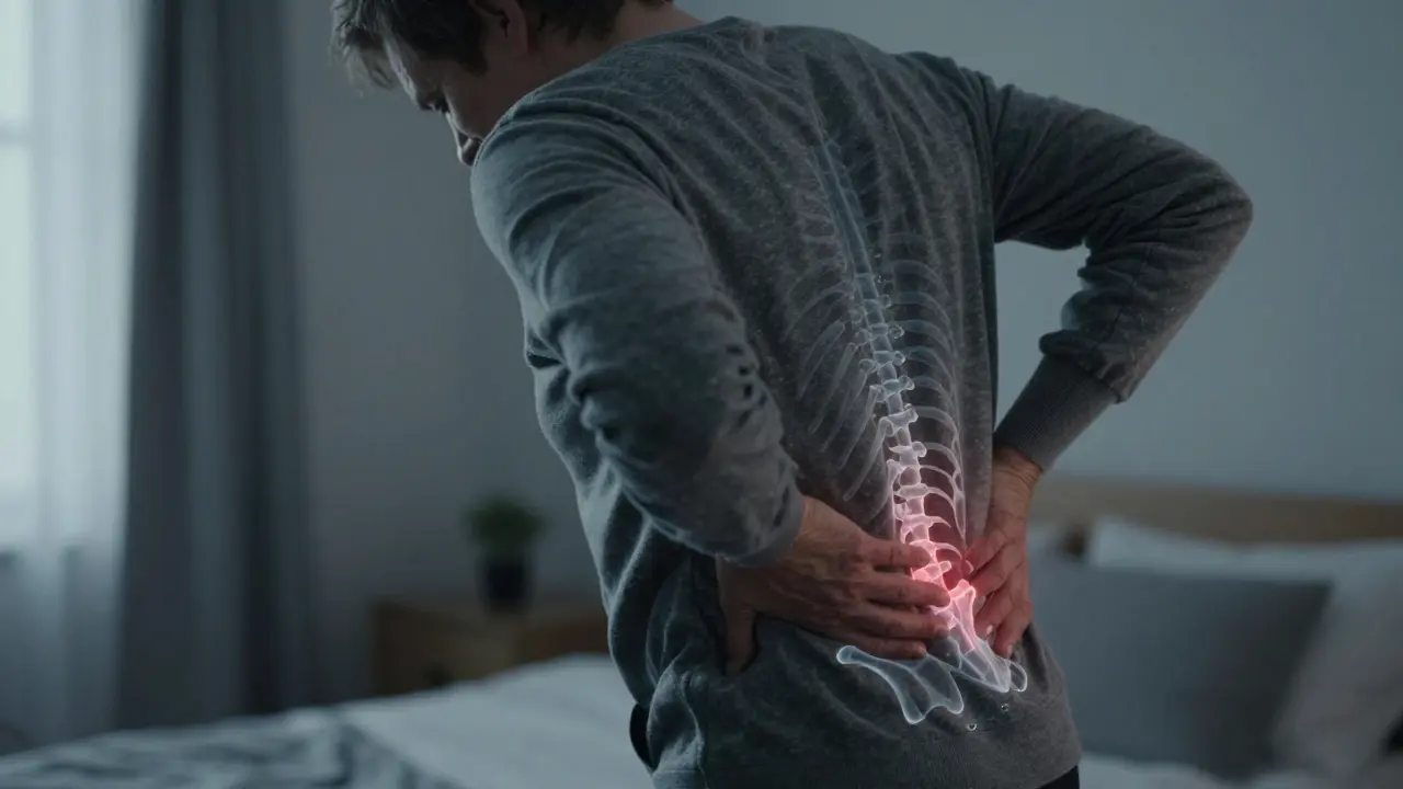 Unavený člověk s bolestmi zad kvůli nedostatku vitamínu D