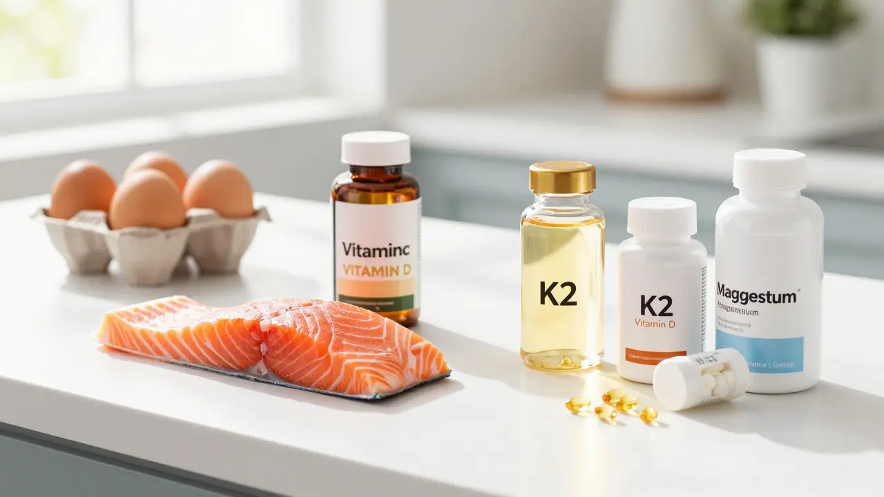 Zdroje vitamínu D: losos, vejce a doplňky stravy na stole