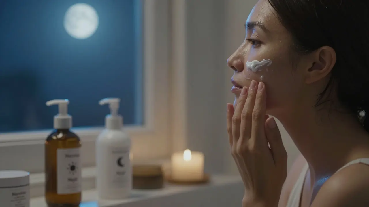 Žena aplikující krém v klidné večerní atmosféře koupelny