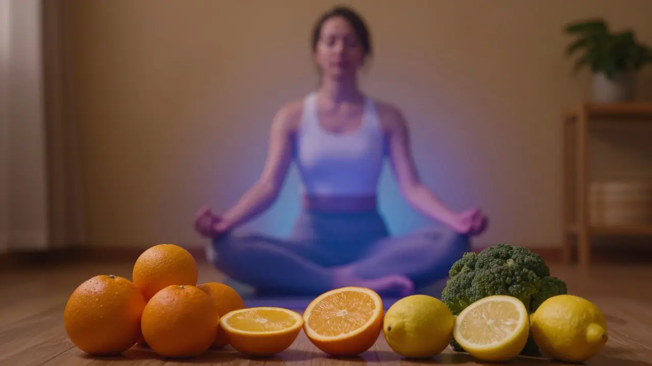 Žena v meditaci obklopená citrusy pro snižení stresu a ochranu kloubů