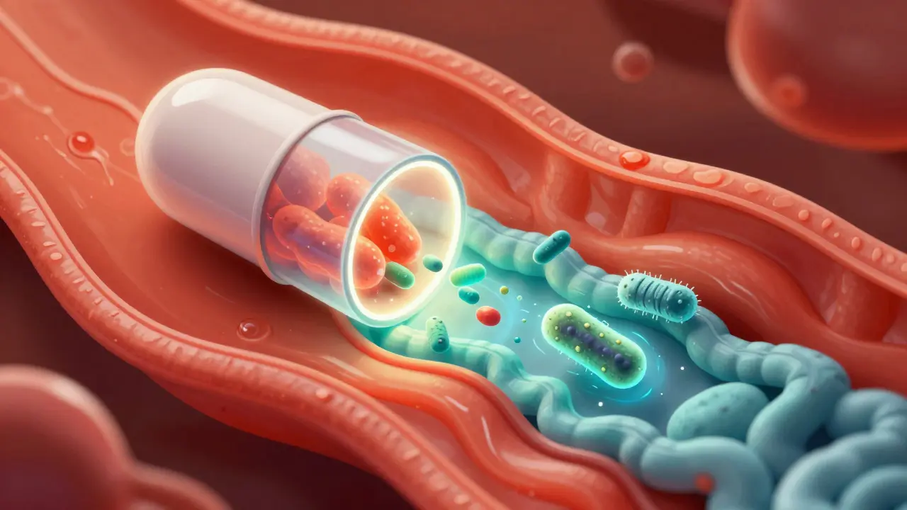 Ilustrace kapsle putující zažívacím traktem a uvolňující bakterie