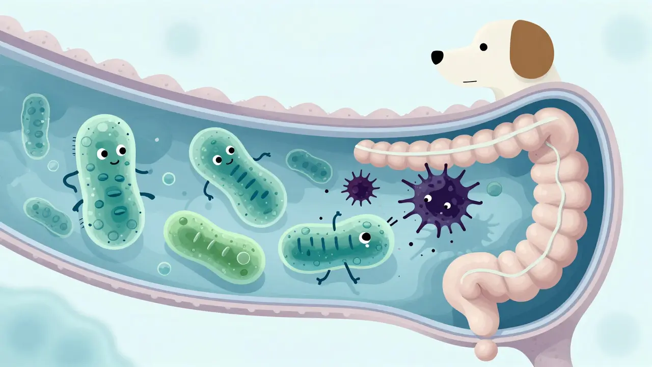 Ilustrace střevní flóry psa s prospěšnými bakteriemi