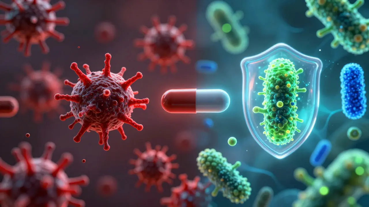 Konceptuální zobrazení ochrany probiotik před účinky antibiotik