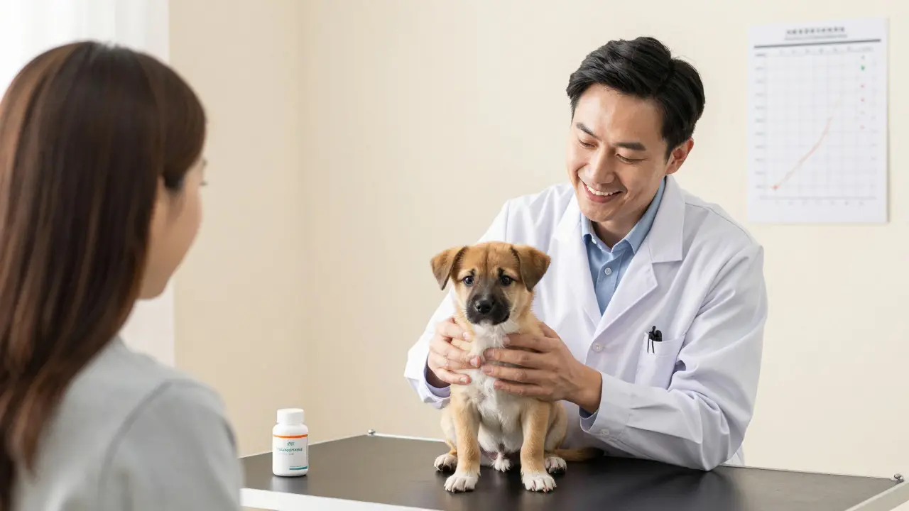 Veterinář vyšetřuje štěně vedle lahvičky s probiotiky